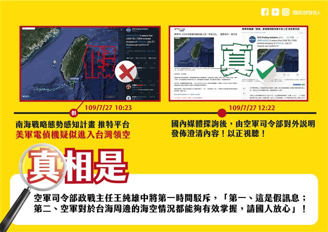 国防部汇整「南海战略态势感知计画」推特的假消息。国防部提供