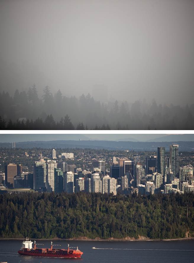 野火持續肆虐美國西岸之際，大片霧霾已經飄向北方，12日加拿大溫哥華淪為全球空汙最嚴重的城市，天空染成灰濛濛一片，市區建築物已看不清。圖上為12日溫哥華天空畫面對比圖下5月同一場景的畫面。（圖／TPG、達志影像）