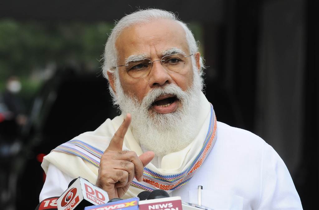 印度總理莫迪（Narendra Modi）9月14日抵達新德里國會時發表談話的神情。（美聯社）