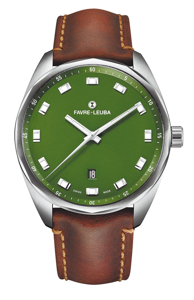 域峰表Sky Chief Date綠色表盤腕表，狂野中流露紳士品味，牛皮表帶款5萬8000元。（Favre-Leuba提供）