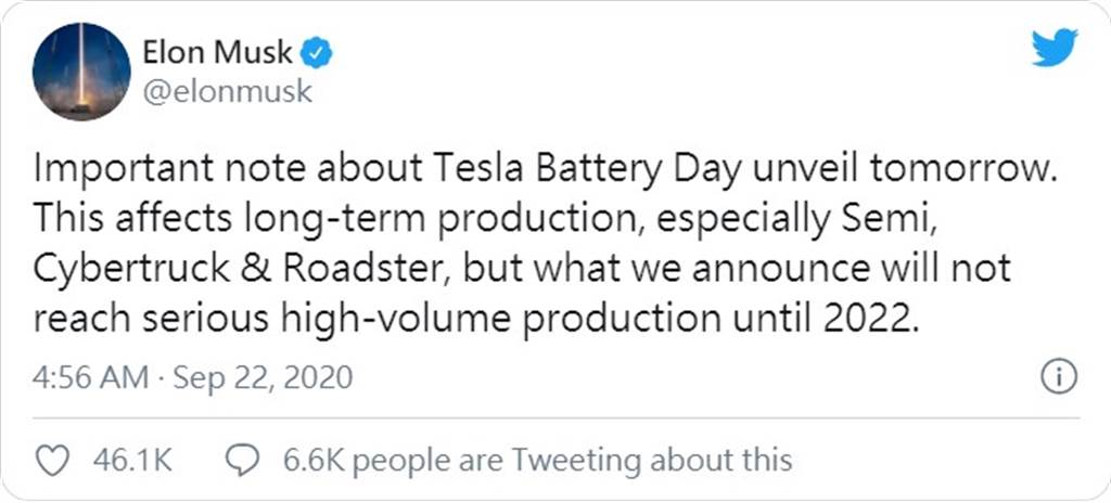 特斯拉新電池 2022 年才會大規模量產！馬斯克：Semi、Cybertruck、Roadster 長遠受惠最多