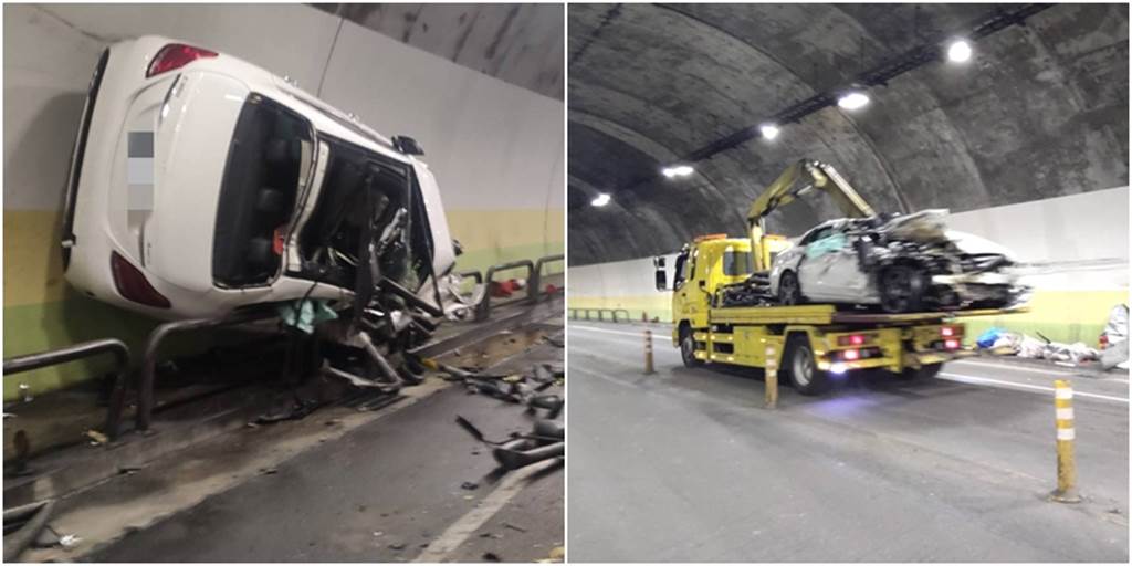 今清晨內湖康樂隧道發生一起賓士C300車禍，整個車身全變形，而維修費出爐後，讓人驚呆。（圖／民眾提供）