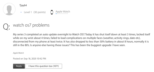 不少Apple Watch Series 3用戶升級watchOS 7爆發災情。（摘自蘋果官網）
