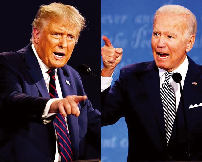 美国总统川普（图左）今宣布确诊新冠肺炎，外界关注前几天的总统大选辩论恐令对手拜登（图右）深陷染疫风险。（图／美联社、路透）