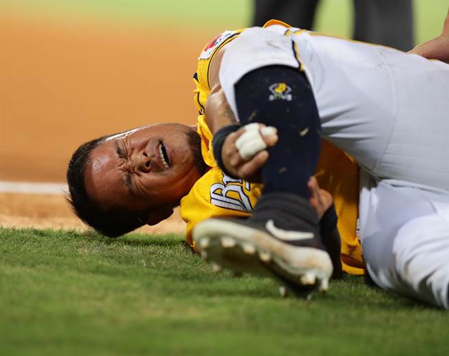 中信兄弟林智勝跑壘時大扭傷，表情痛苦。（季志翔攝）