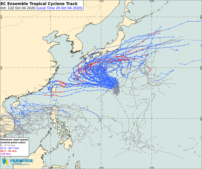 圖為模式模擬未來昌鴻颱風的移動方向，多數預測是向東北前進影響日本，但也有可能往西走影響台灣。(翻攝自 彭啟明臉書)
