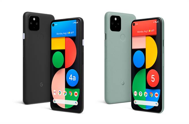 Google 发表首款  5G 手机 — Pixel 4a 5G 版 (图左) 与 Pixel 5 (图右)。（Google提供／黄慧雯台北传真）