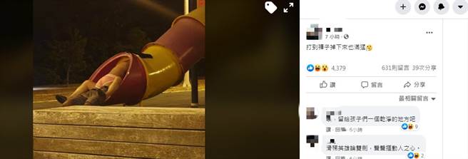 不少网友认为这两人根本是男性，而在公园溜滑梯内让不少家长挞伐。（图／翻摄自爆废公社公开版）