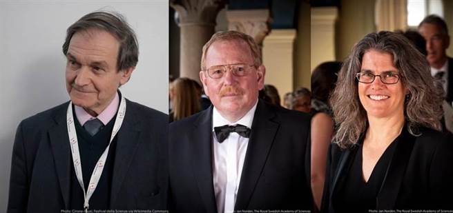 2020諾貝爾物理學獎，由潘洛斯（左）、詹澤爾（中）以及蓋茲3名學者共享，他們揭開宇宙的黑洞奧秘。（圖取自諾貝爾獎官網）
