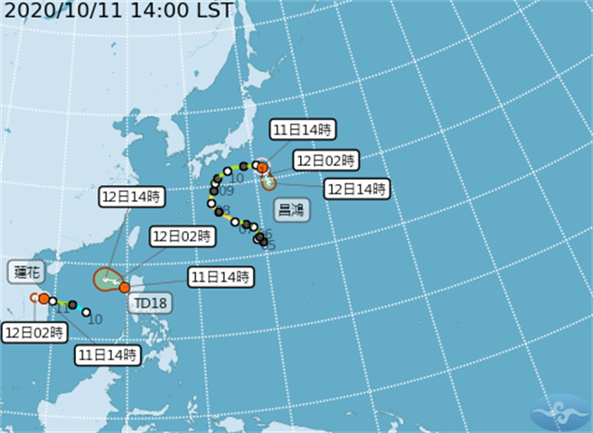 蓮花颱風往越南前進，今天下午登陸越南；熱低壓（TD18）位於南海北部，明(12日)起為台灣東側帶來更多水氣。（氣象局）