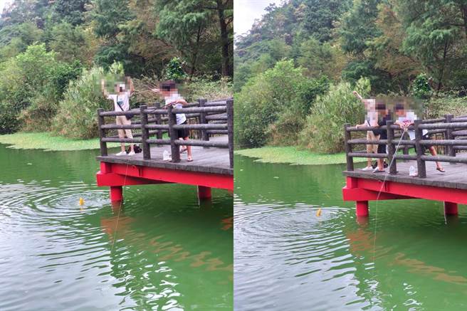 宜兰望龙埤10日传出有无良民眾当眾钓鲤鱼，惨被民眾PO网。（脸书社团《爆怨公社》林网友／苏育宣翻摄）