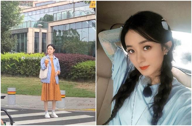 赵丽颖被晒挺孕肚上街照（左图），不过这其实是她拍电视剧《幸福到万家》中的孕妇造型。（图／取材自赵丽颖、从鑫认识-寧波微博）