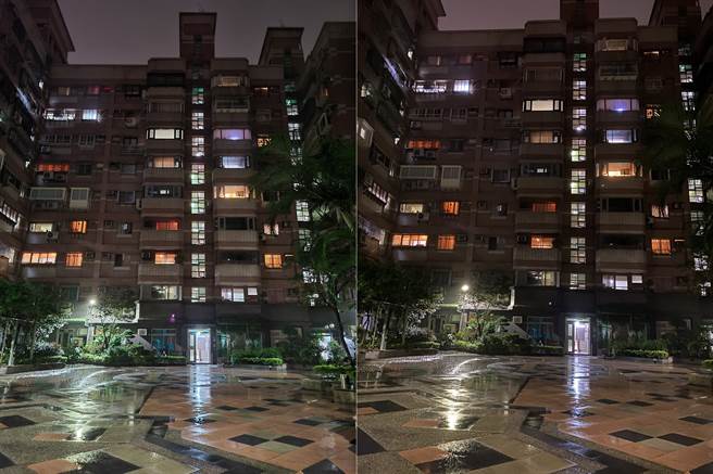 Galaxy Z Fold2(左)对比iPhone 11 Pro Max夜间实拍(2)。(黄慧雯摄)

