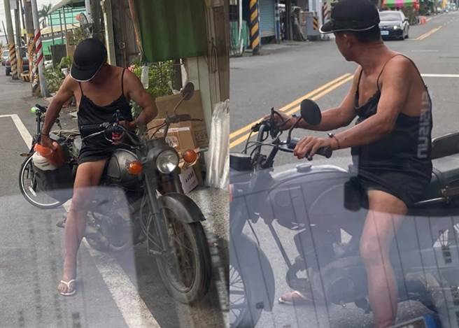 台南街頭驚見1名身穿細肩帶黑蕾絲邊連身睡衣的美男子，從照片中可以看出，美男子所穿的細肩帶睡衣，主要為黑色蕾絲邊的連身睡衣款式。(臉書台南爆料公社)