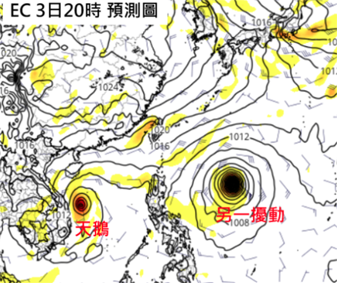 最新歐洲(ECMWF)模式模擬顯示，下周二(3日)20時「天鵝」位置在越南東方海面。菲律賓東方海域另有「熱帶擾動」發展，位置比天鵝偏北接近台灣。 (擷自tropical tidbits)