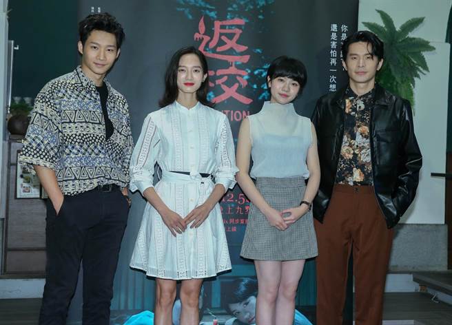 公視《返校》影集29日舉辦媒體茶敘，包括黃冠智（左起）、韓寧、李玲葦、姚淳耀等出席。（粘耿豪攝）