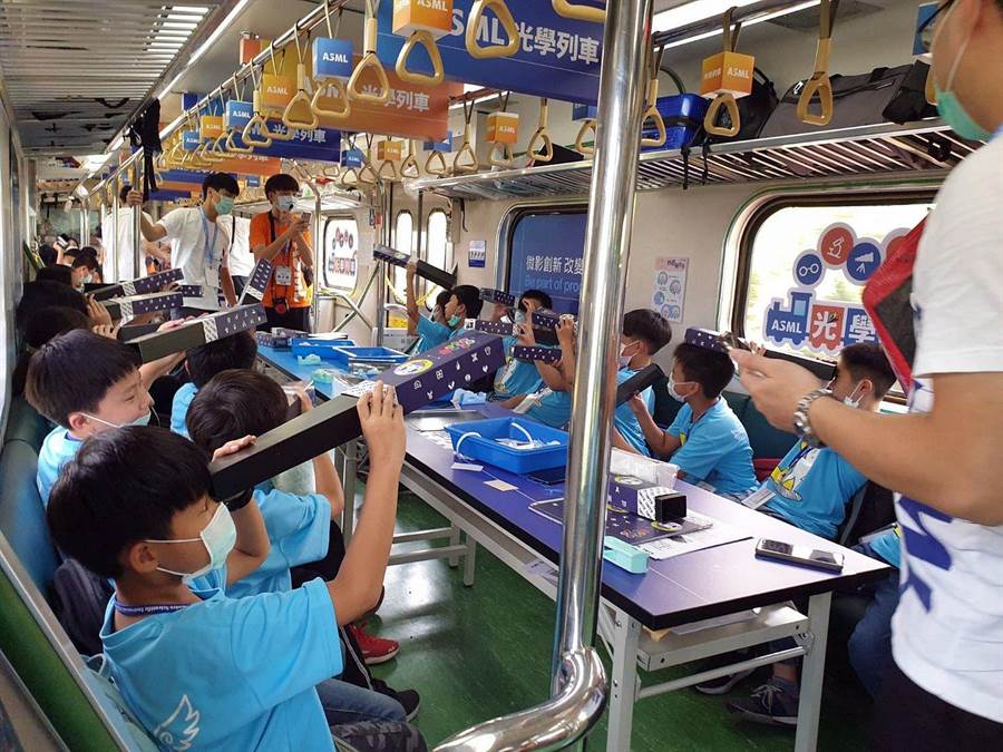 嘉義學子搭科普列車，一路上在車廂裡玩科普遊戲。（嘉義市政府提供）