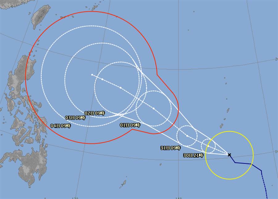 閃電颱風有機會北偏，不排除接近台灣。（翻攝日本氣象廳）