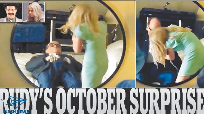 川普律师朱利安尼接受辣妹假扮的记者专访后，躺床上将手伸入裤檔内，全被摄影机拍下。（摘自romeo shkurti youtube）