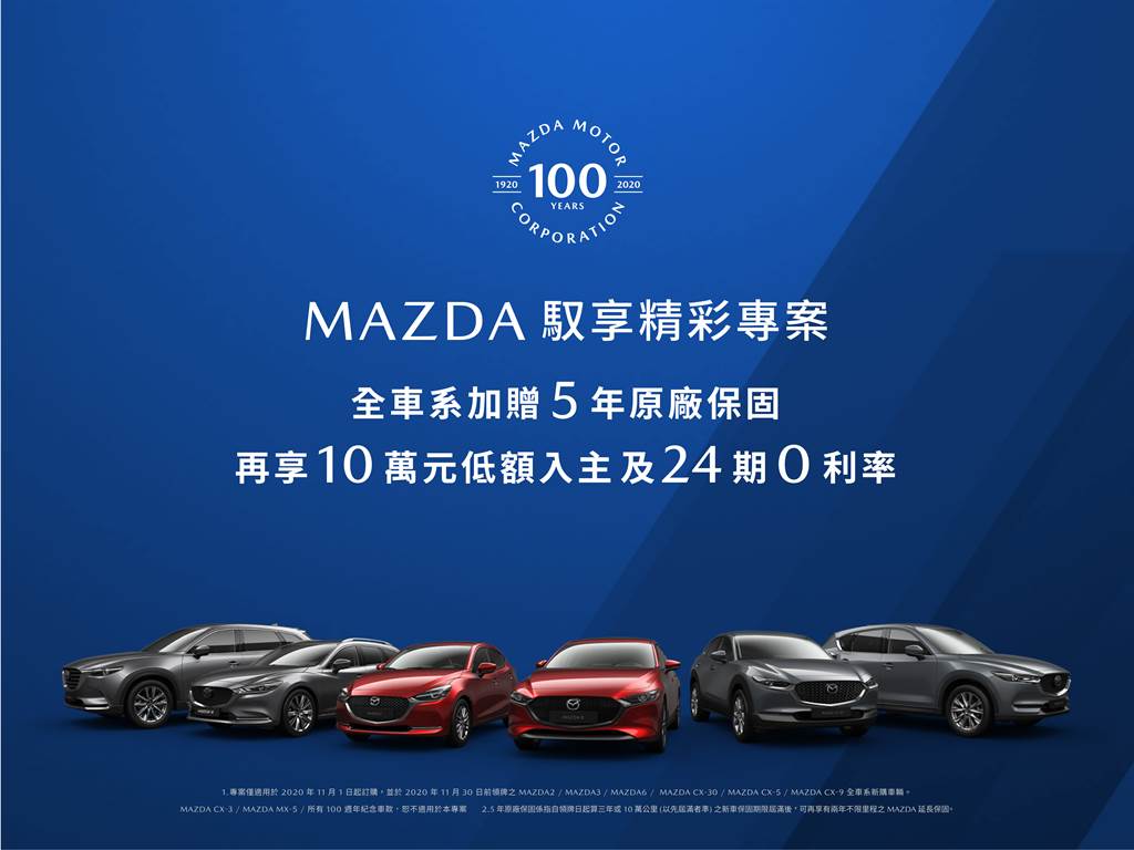 MAZDA本月「馭享精彩專案」 全車系加贈5年原廠保固 再享10萬元低額入主、24期0利率
