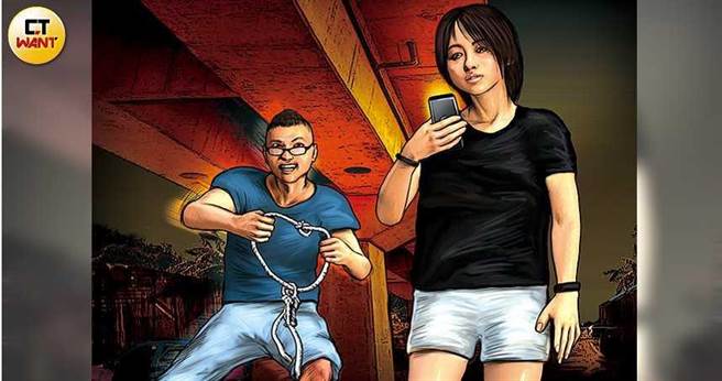 性侵杀人魔梁育志躲在台铁昏暗便道的果园旁埋伏，见马来西亚籍的锺姓女大生独自经过，趋前从背后以麻绳勒颈。（图／本刊绘图组）