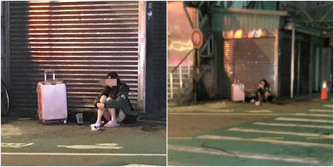 中坜车站一名24岁少女，蹲坐在路边，身旁还有一个行李箱，而有不少知情人士表示透露这名少女的身分。（图／翻摄自爆废1公社）