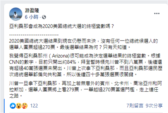 游盈隆在脸书发文指出，美国亚利桑那州（Arizona)可能成为此次大选的最终变数。(图/翻摄自 游盈隆脸书)