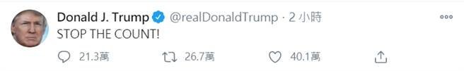 川普在推特要求停止计票 (图／川普推特)