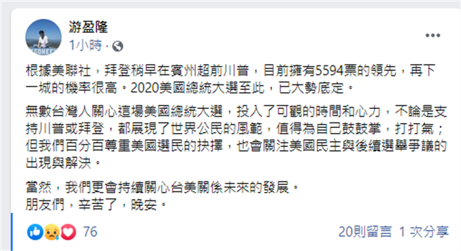 川普出现惊人变数！台湾民意基金会董事长游盈隆：美大选结局大势已定。(图/翻摄自 脸书)