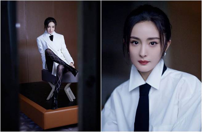 楊冪帥氣中又帶點性感，舉手投足超撩人。（圖／取材自嘉行楊冪工作室微博）