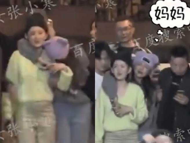 杨超越（戴紫帽者）饮酒过量，一路上狂喊妈妈、爸爸，只能靠友人搀扶。（图／微博@吃瓜少女张小寒）