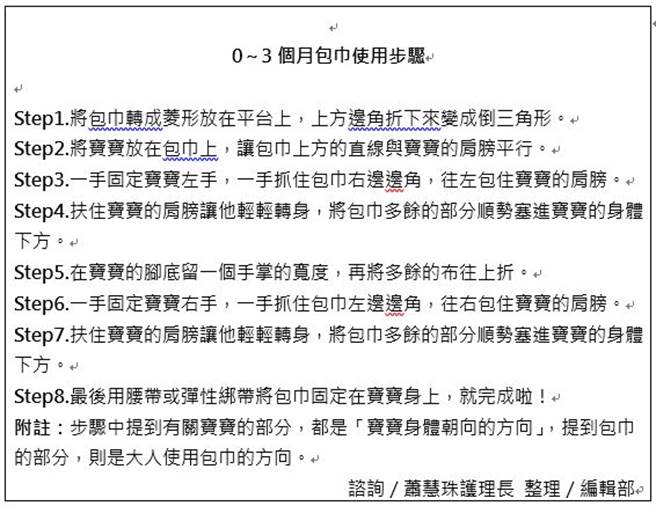 0～3个月包巾使用步骤（图／婴儿与母亲提供）