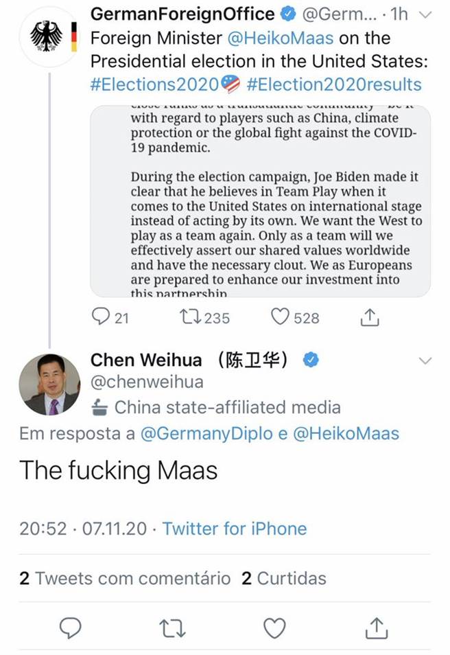 德国外长马斯发表推文祝贺拜登赢得美国总统大选，但意外遭到陆媒驻欧盟主任粗口回击。该则粗口推文已删除，但截图仍在网上流传。（图／推特@bensonwk截图)