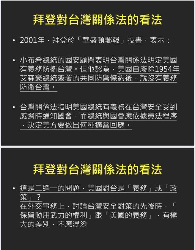 美國民主黨總統當選人拜登，對台灣關係法的看法。(圖/翻攝自 管碧玲臉書)