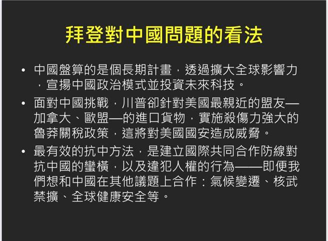 美國民主黨總統當選人拜登，對中國大陸的看法。(圖/翻攝自 管碧玲臉書)