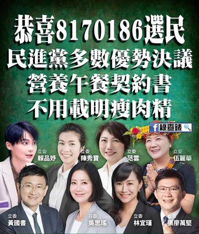 由于封杀「修法禁绝营养午餐使用莱剂」，使8位民进党立委在网路上遭炮轰。（图／翻摄自脸书）