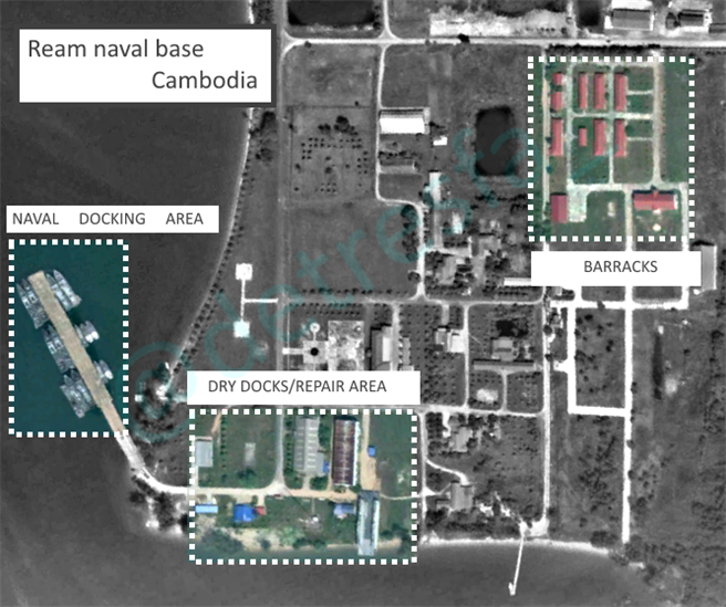 去年曾传出中共军方打算在柬埔寨租用云朗军港，卫星照片甚至已看到部份施工迹。图为柬埔寨计划由中方出兴建的设施，包括码头、船坞、营房等军事设施。（图／推特@detresfa)