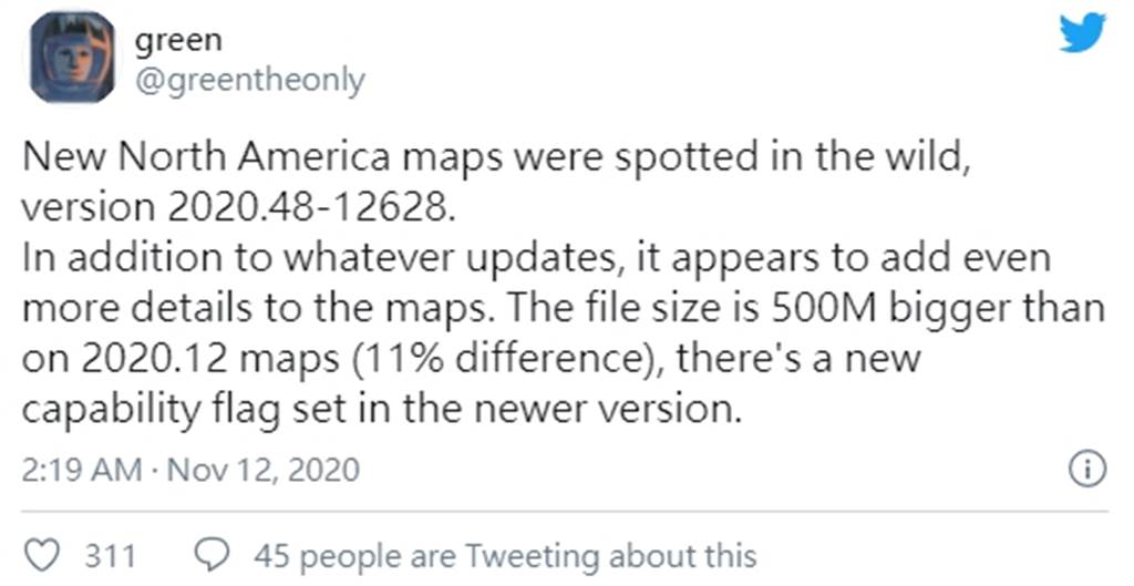 特斯拉開始推送 2020.48 圖資更新，但目前僅見於北美與中國