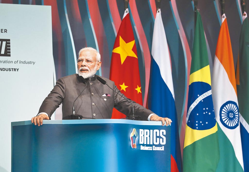 2019年11月13日，印度總理莫迪在金磚國家工商論壇閉幕式上講話。（新華社）