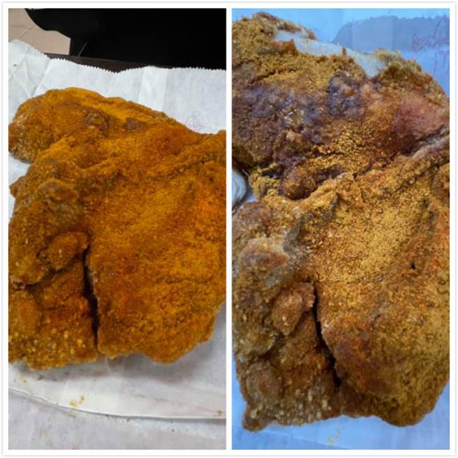 网友所购买的炸鸡排两面一红一灰，分别洒满了辣粉和胡椒粉，不给金黄色的酥皮半点空隙。(摘自爆怨2公社)