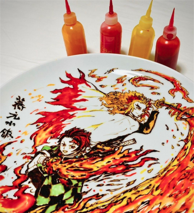 餐盤上畫出「鬼滅之刃」神作 網驚：被廚房耽誤的畫家。(翻攝自 薺元小館FB)
