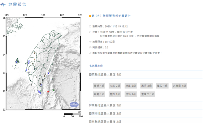 台東外海今發生芮氏規模5.2地震。（中央氣象局提供）