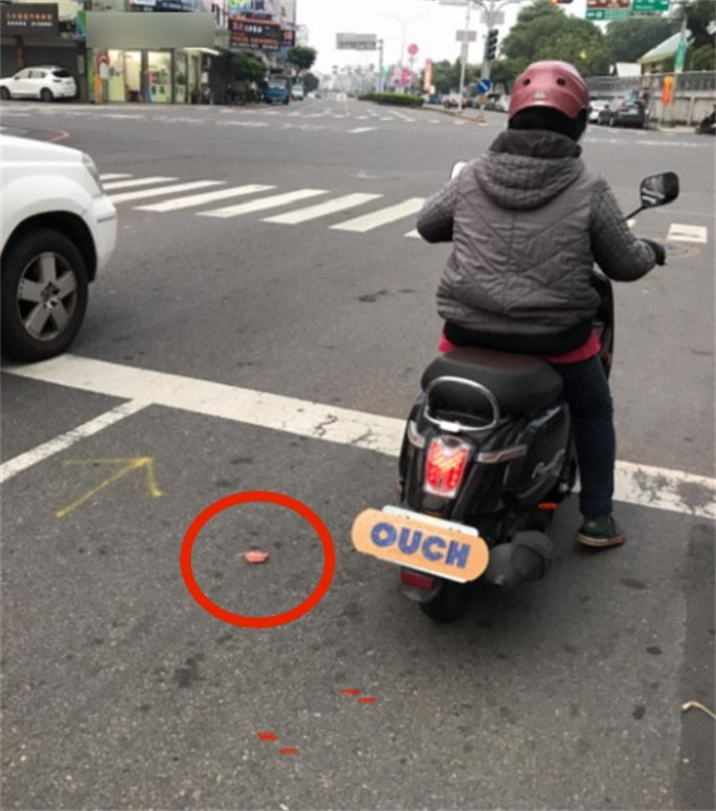 网友骑车时发现前方马路上有不明粉色团状物。(图/截自脸书「新·路上观察学院」)