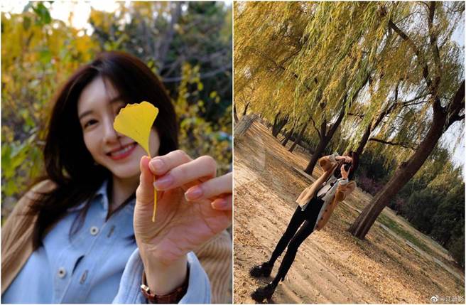 江疏影晒公园美照，她一双鸟仔脚又细又长，实在超不科学。（图／取材自江疏影微博）