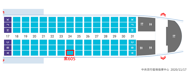 案605班機座位圖。(圖/指揮中心提供)
