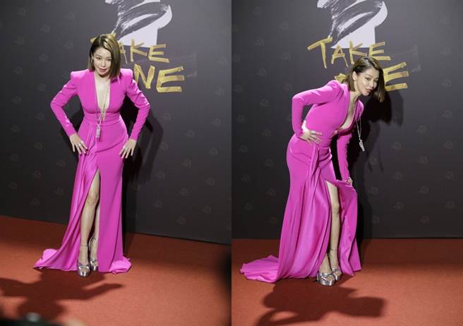 徐若瑄一袭「死亡芭比粉」垫肩礼服，秾纤合度的身材完全看不出已经为人母，一出场就让现场观眾尖叫声不断。(图/ 记者廖映翔摄)