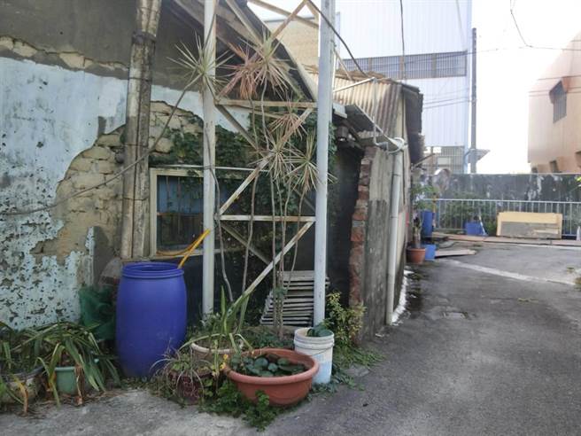 徐男丰原废弃老厝外有许多蓝色塑胶桶。（陈淑娥摄）