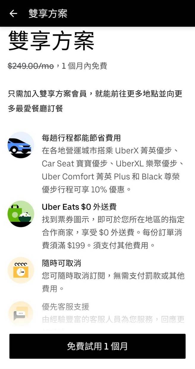（Uber 宣布在台灣首度推出結合雙平台優惠的Uber Pass「雙享方案」，擴大Uber生態圈以及品牌圈粉力。圖／Uber)
