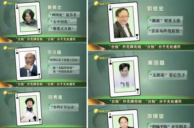2018年由大陆《海峡卫视》所开列的「台独扑克牌」，有13人被列为台独份子。（图／海峡卫视截图）
