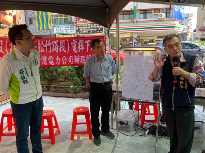 立委莊競程與市議員曾朝榮邀集台電及地方里民一起參與北屯區昌平路一段電線桿下地案說明會。（馮惠宜攝）